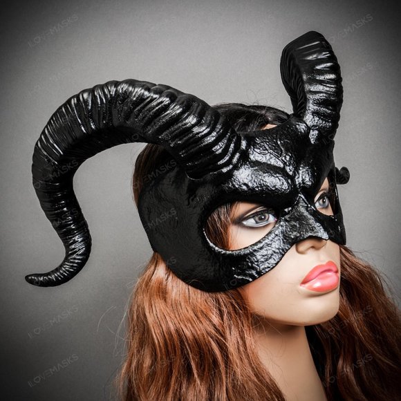 Black Demon Devil with Back Twisted Ram Horns Masquerade Cosplay Party Eye Mask - Picture 6 of 6